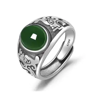 Anillos de piedra verde tibetana para hombre, joyería Retro, anillo ajustable con incrustaciones, anillo de ópalo dominante
