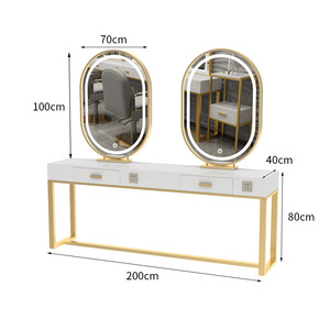 Mesa de tocador de diseño simple con luz Led, espejo de maquillaje, espejo ovalado, mesa <span class=keywords><strong>Rectangular</strong></span>, estación de espejo para peluquería - Product Image 4