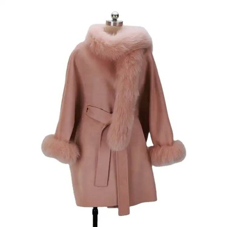 Best Selling Pink Wool Coats Women Windbreak Warm Long Fur Collar Coat for Women Winter Custom