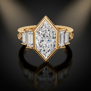 Anillo de compromiso y boda de lujo vintage con tres diamantes cultivados en laboratorio con corte marquesa holandés, certificados por IGI, en oro de 10K, 14K, 18K y plata 925, 935. - Product Image 1