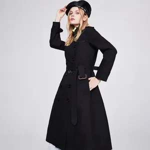 Wholesale Factory Price Notched Collar Double Breasted Outdoor Black Coat For Women Trench