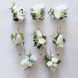 White Series Artificial Tulip Calla Lily Peony Flower Wrist Corsage Boutonniere Bridal Wedding Flower