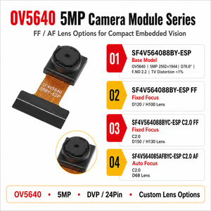 โมดูลกล้อง OEM 5MP OV5640 DVP สำหรับ ESP32 พร้อมฟังก์ชัน FF, AF, เลนส์มุมกว้าง และเลนส์มุมกว้างพิเศษ - Product Image 1