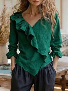 European American Cute Washable Women's Solid Color V-neck Long Sleeve Casual Loose Ruffled Cotton Linen <b>Top</b> - Product Image 6