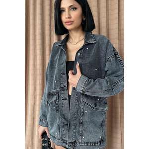 Veste en jean noire pour femme, style vintage, décorée de strass, coupe ample, 100% coton, manches longues, style streetwear - Product Image 5