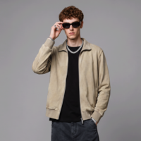Veste de survêtement zippée vintage pour homme, col montant côtelé, couleur avoine, épaules tombantes, poches plaquées, style streetwear, logo personnalisé