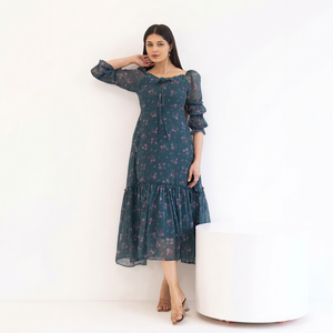 Vestido Midi de Gasa con Estampado Floral y Hombros Descubiertos, con Mangas con Volantes, Corte en A, Holgado, Estilo Romántico, para Uso Diario en Primavera - Product Image 1