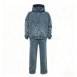 Wholesale Men's Sweatpants Tracksuit Casual Streetwear Rhinestone Fleece Heavyweight Sweatsuit Hoodie Set for Men - Product Image 2