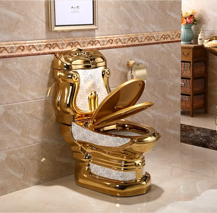 Vaso sanitário de cerâmica Royal Extreme de luxo galvanizado de qualidade para hotel, vaso sanitário dourado vintage, peça única