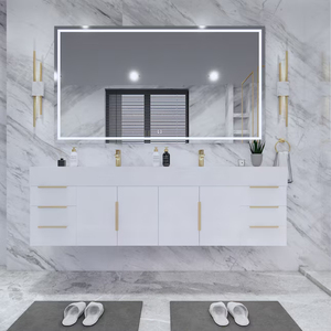 Mueble de Baño Moderno de Lujo Blanco y Dorado, Espejo LED Redondo Montado en la Pared, <span class=keywords><strong>Tocador</strong></span> con Encimera de Mármol y Lavabos Dobles de Cerámica - Product Image 1