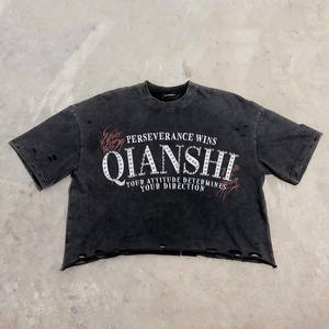 T-shirt Streetwear Oversize en Coton à Épaules Tombantes avec Strass, Coupe Courte, Imprimé Personnalisé, Effet Délavé et Vieilli - Product Image 3