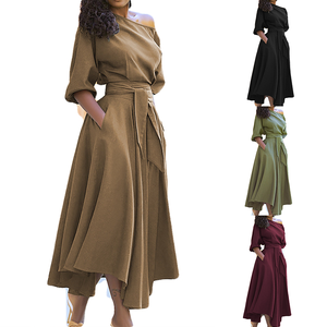 Vestido Midi de Color Sólido Elegante en Oferta, Cuello Asimétrico, Cinturón Ajustable, Corte Holgado, Ropa de <span class=keywords><strong>Oficina</strong></span> de Verano para <span class=keywords><strong>Mujer</strong></span>, Vestidos Casuales - Product Image 4