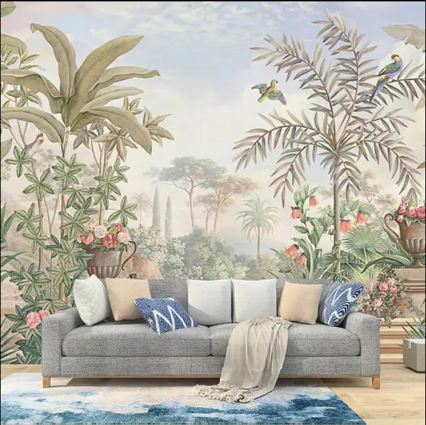 خلفية جدارية للغرف المعيشة وغرف النوم، خلفية جدارية بتصميم استوائي برسومات غربية للتلفاز