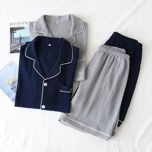 일본 여름 커플 잠옷 정장 코튼 크레페 숙녀 단색 간단한 반팔 셔츠 반바지 잠옷 남성 홈 서비스