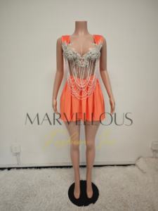 MF 2025 Nouvelle Robe de Soirée Mini Moulante en Jersey pour Femme, Col en V, Orange, pour Club, Fête, Événements Formels, avec Strass et Superposition Transparente Sexy - Product Image 5