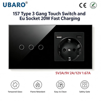 Panneau mural en verre trempé ignifuge 157, prise de courant EU Schuko à charge rapide 20W, port USB C, interrupteur tactile, IP20