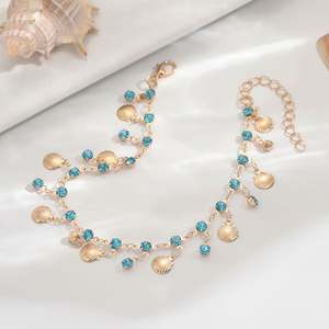 สร้อยข้อเท้าประดับพลอยเทียมสีฟ้ารูปหาดทรายสีฟ้าสุดหรูสายสร้อยประดับพู่ห้อยทำจากหอยเชลล์ - Product Image 4