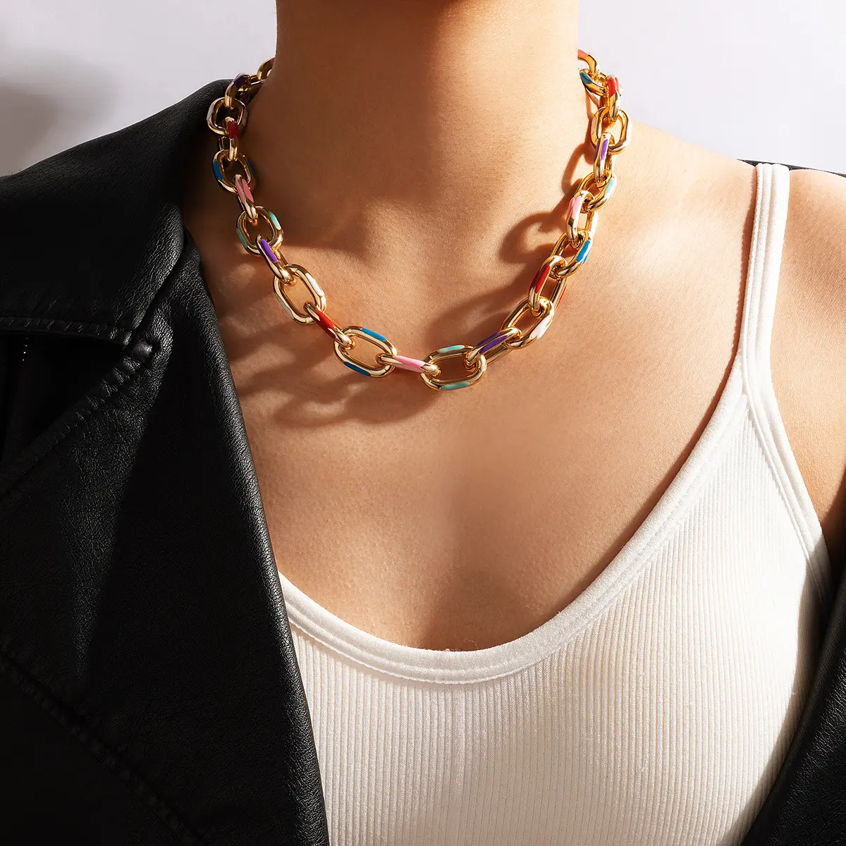Liita-collier chaîne en émail épais cubain pour femmes, bijoux géométriques simples, aluminium coloré, goutte d'huile