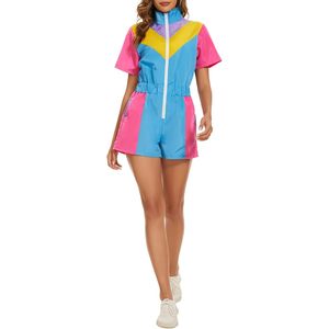 Combinaison une pièce color block pour femme, néon, manches courtes, fermeture éclair sur le devant, taille élastique, séchage rapide, tenue de soirée - Product Image 4
