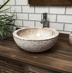 Newstar Natuurlijke Beige <span class=keywords><strong>Vintage</strong></span> Marmer Travertijn Stenen Badkamer Ronde Wastafel Moderne Beige Travertijn Wastafel