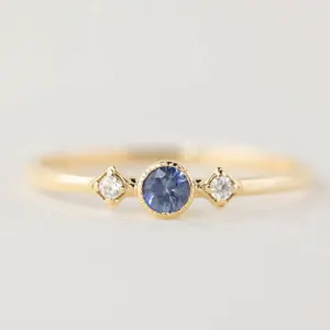 peishang custom September birthstone 14k yellow gold plated Sterling silver jewelry Blue sapphire zircon three stone ring
