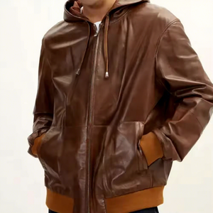 Mens Real Brown Leather Hooded <b>Jacket</b> Drawstring Hood Zip Pockets <b>Sheepskin</b> Cognac Bomber Coat Custom Casual Winter Outerwear - Product Image 1
