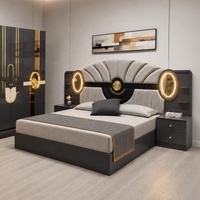 Ensemble de chambre à coucher de luxe royal turc, lit king size, suite de chambre à coucher avec tête de lit éclairée, cadre en bois, ensemble de meubles de chambre à coucher modernes