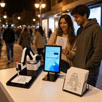 Robot de dessin de portraits interactif pour attraction de centre commercial, bras d'artiste robotique dessinant des portraits de visiteurs en direct dans un espace public