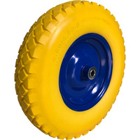 Roue en mousse PU 4.00-8, pleine et anti-crevaison, avec bande de roulement jaune à picots et jante en acier peinte bleu, pour chariot à main et brouette