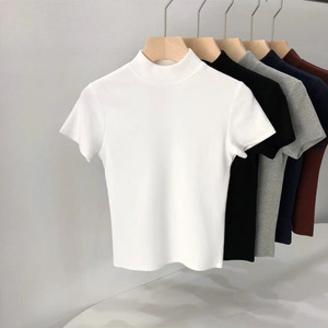 T-shirt en tricot à col haut et manches courtes pour femme, coton côtelé, coupe ajustée, gris, blanc, noir, bleu marine - Product Image 3