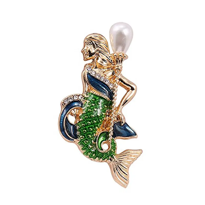 Korean Fashion Pearl Rhinestone Mermaid Brooch Pins Colorful Women Vintage Rhinestone Crystal Green Enamel Brooches Pin Jewelry