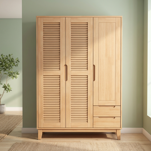 Modern Wooden <b>Wardrobe</b> With Shutter Doors Hinged Freestanding Bedroom Storage Cabinet Scandinavian Design 2 Drawers - Product Image 4