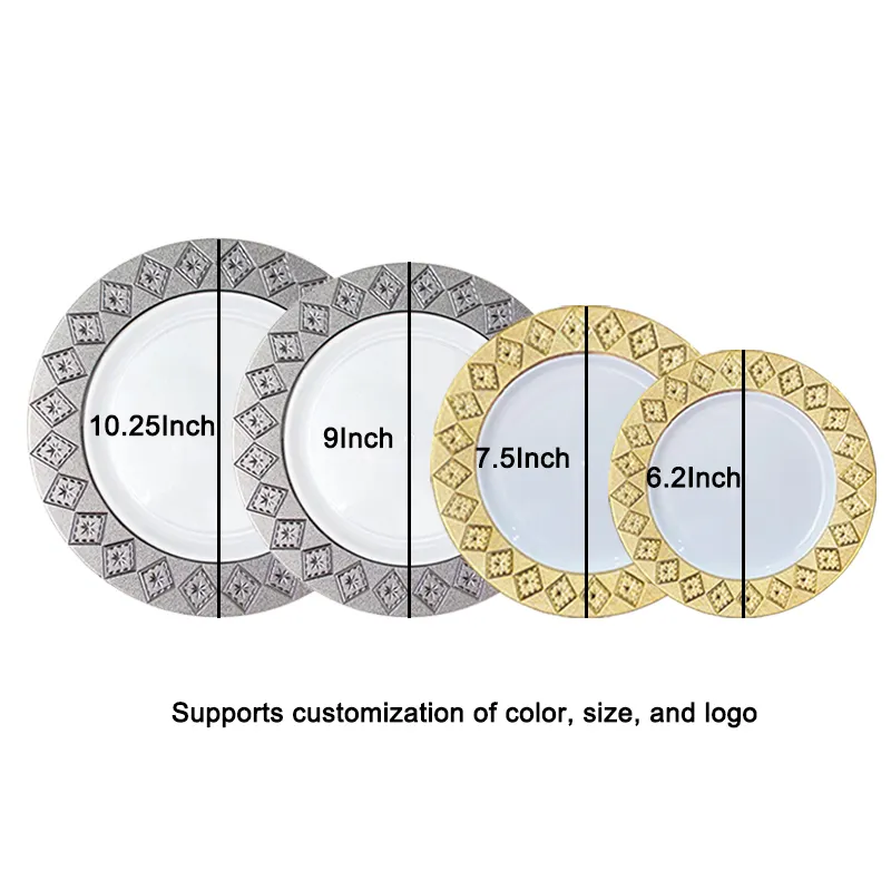 Piring Sekali Pakai Pernikahan 9 Inci Piring Makan Plastik Dekorasi Pesta Piring Timbul Kustom Pelek Emas Putih
