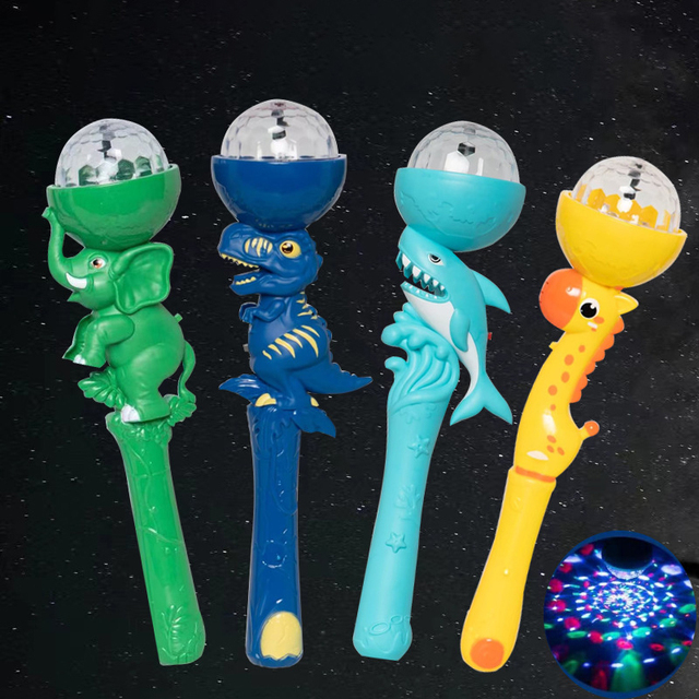 New Arrival Night Market Elephant Dinosaur Shark Giraffe LED Flashing Light up Music Projector Magic Wand Stick