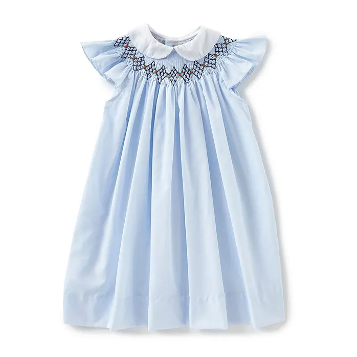 小さな女の子のスモッキング服ピーターパンカラー半袖スモックドレス女の赤ちゃん