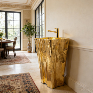Lavabo su Colonna Artistico di Alta Gamma con Texture Tronco d'Albero Dorato, Costruzione in Fibra di Vetro per Bagni di Lusso - Product Image 5