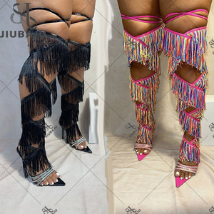 Sandalias por encima de la rodilla con borlas para mujer, zapatos con cordones y cristales puntiagudos, Sandalias de tacón alto sexis para fiesta - Product Image 1