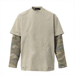 เสื้อยืดคอกลมทรงบ็อกซี่ลายกราฟิกขาดๆ แบบวินเทจ ลายพรางสองชั้น แขนยาว สำหรับผู้ชาย - Product Image 4