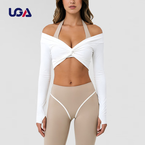 Custom Women Contrast Stitching Front Twist Deep V Soft Yoga Crop Top Gym Workout Activewear Long Sleeve Ballet Wrap Top