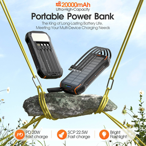 <span class=keywords><strong>Batterie</strong></span> <span class=keywords><strong>externe</strong></span> HYTO <span class=keywords><strong>20000mAh</strong></span> grande capacité pour extérieur, charge solaire, chargeur rapide PD20W avec câble intégré et lampe torche LED d'urgence - Product Image 2
