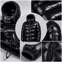Blouson d'hiver matelassé à capuche pour homme, aspect laqué brillant, rembourrage en duvet, matelassage horizontal, poches zippées, OEM sur le devant
