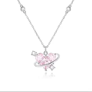 Mode rose diamant amour planète collier rose coeur strass collier à breloques délicat doux Design planète collier