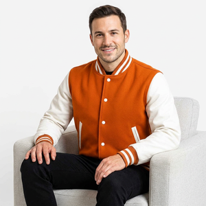 Men's Orange Varsity Jacket With White Sleeves And Stripes Preppy Style Regular Fit Turn-down Collar Single Button Closure - Product Image 2