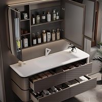 Meuble-lavabo élégant en contreplaqué pour salle de bain, suspendu au mur, avec 4 tiroirs de rangement et armoire miroir LED intelligente anti-buée