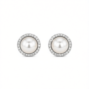 Pendientes de oro blanco E2316 con perla de imitación y engaste de diamantes para mujer, joyería clásica de moda para bodas. - Product Image 1