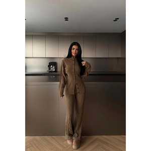 Conjunto de Punto Marrón de 3 Piezas para Otoño, Diseño Casual con Estampado de Crochet, Corte Holgado - Product Image 4