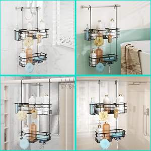 Organisateur de douche suspendu - Étagères de douche sans perçage avec crochets et <span class=keywords><strong>porte</strong></span>-brosse à dents, organisateur de salle de bain en acier inoxydable 304 antirouille - Product Image 4