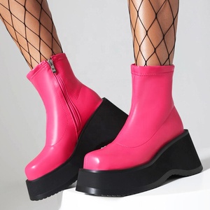 Candy Colors Women High Wedge Heels Ankle Boots Thick Sole Platform Short <b>Booties</b> Comfortable Side Zipper Shoes - Product Image 1