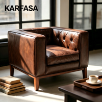 Fauteuil club en cuir marron, capitonné à boutons, design diamant, pieds en bois, fauteuil vintage classique pour salon, coin lecture