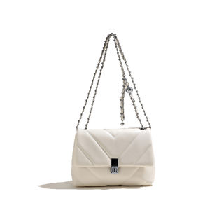 女式优雅白色绗缝斜跨PU皮革手提包小翻盖扣金属链<span class=keywords><strong>V</strong></span>斜挎包复古时尚秋季 - Product Image 2